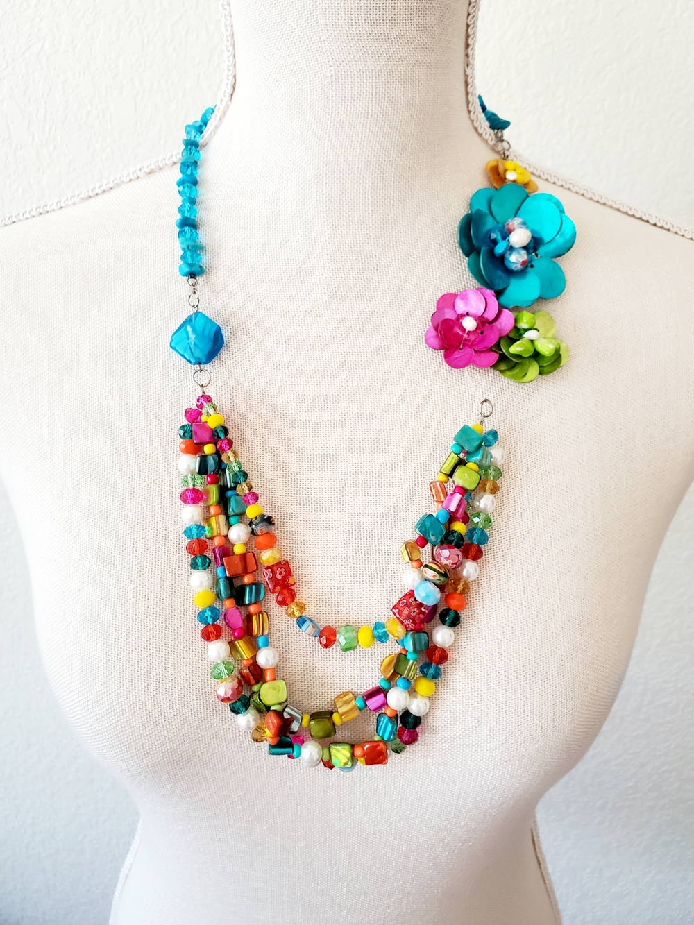 Colorful Multi-Strand Beaded Flower Necklace - Turquoise Pink Green